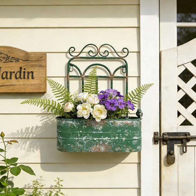 Rustic Metal Wall Planter Vintage Wall Mounted Flower Pot Distressed Wall - Image 4