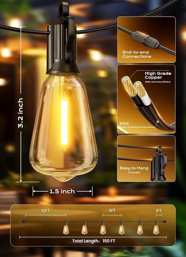 Brightown Outdoor String Lights, 150FT 47+2 LED ST38 LED Patio Lights - Image 7