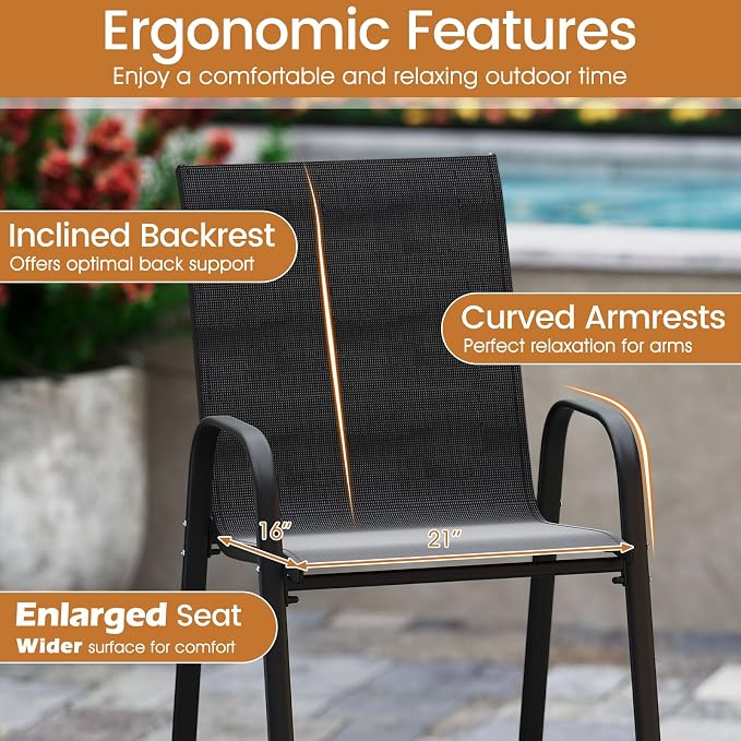 Tangkula Outdoor Bar Stools Set of 2, Enlarged Seat & Metal Frame, Tall Patio - Image 7