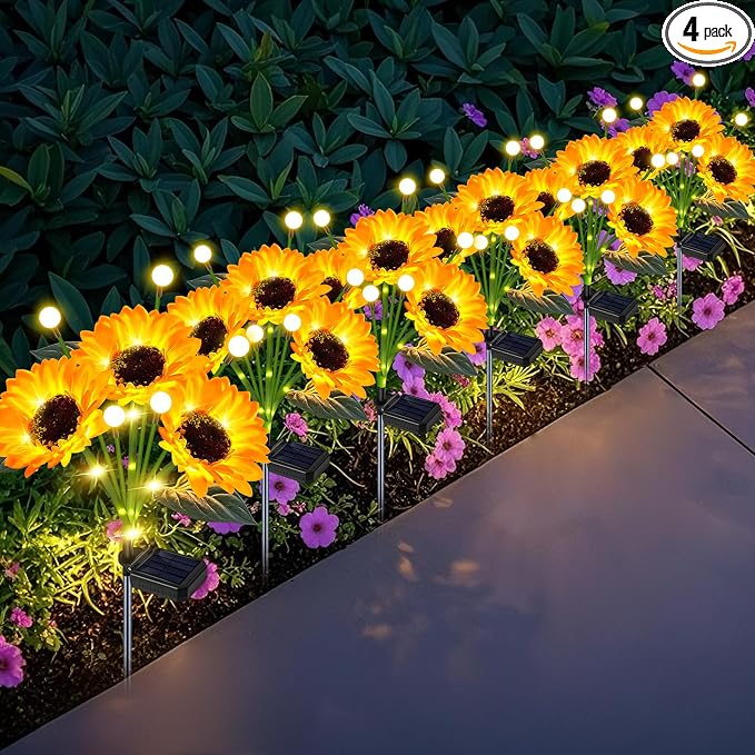 6 Pack Sunflower with Firefly Lights, Solar Lights Outdoor Garden Decor by EDOF