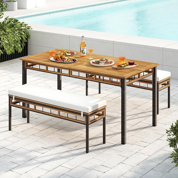 Tangkula 3 Pieces Wood Patio Dining Set, Outdoor PE Wicker Rectangular Acacia - Image 4