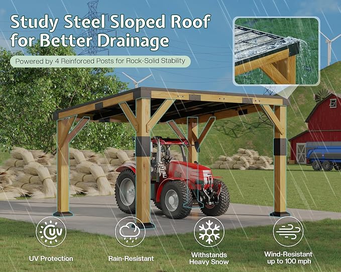 Jocisland 10x12x8 FT Cedar Wood Carport, Heavy Duty Canopy Carport - Image 4