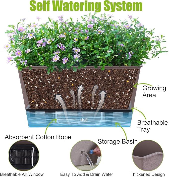 Window Box Planter 6 Pcs, 12.6 Inches Self Watering Rectangle Flower Plant Pots - Image 4