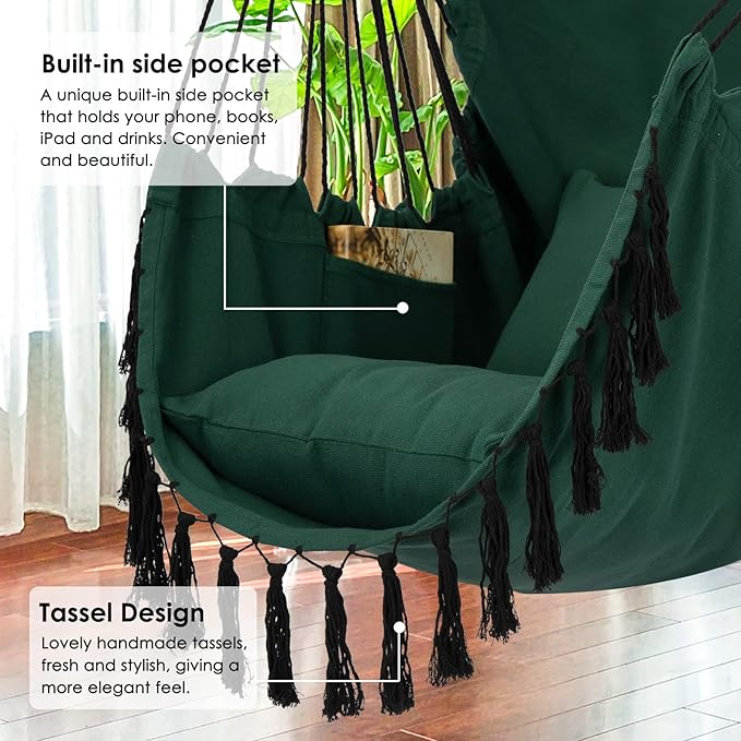 Y- STOP Hammock Chair Hanging Rope Swing, Max 500 Lbs, 2 Cushions Included - Image 3