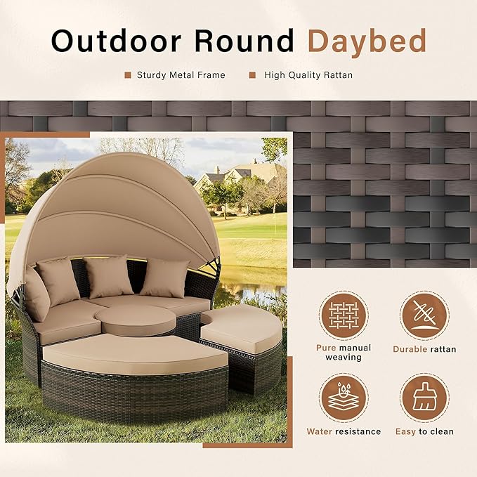 Crownland Outdoor Daybed with Retractable Canopy, Patio Round Daybed with - Image 4