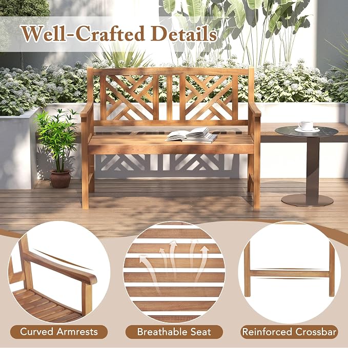 HAPPYGRILL Outdoor Wood Bench, 2-Seat Acacia Wood Loveseat Chair w/Slatted Seat - Image 8