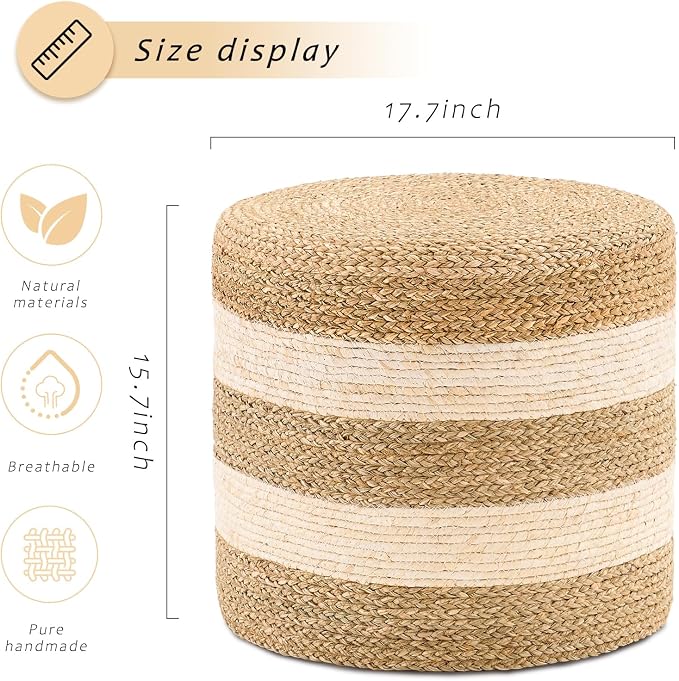 Handwoven Ottoman Pouf, Natural Seagrass Footstool, Round Braided Outdoor Seat - Image 3