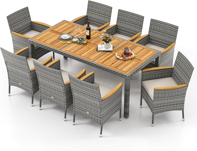 Tangkula 9 Pieces Patio PE Wicker Dining Set, Outdoor Acacia Wood Table and by TANGKULA