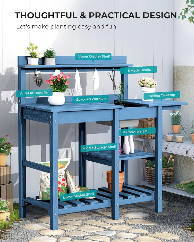 SERWALL Outdoor Potting Bench 2-Piece Set, Rot-Resistant HDPE Potting Table - Image 7