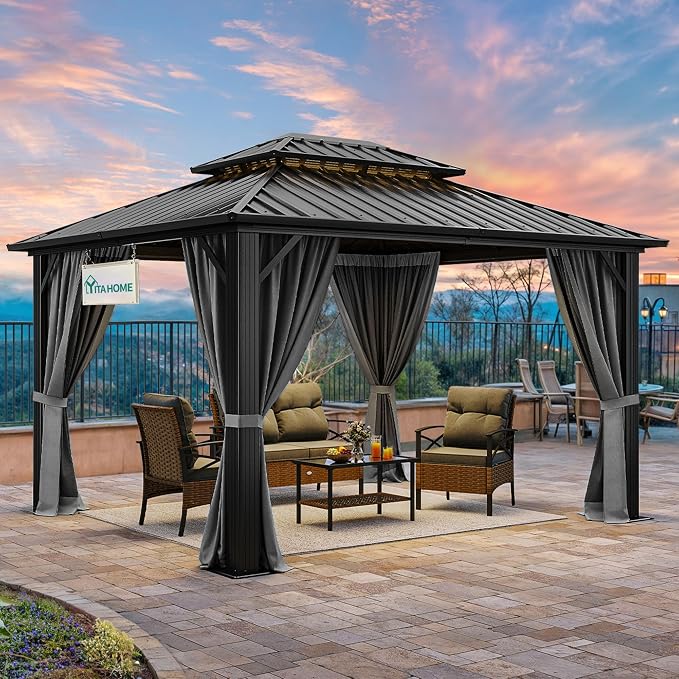 YITAHOME 10X12FT Hard Top Metal Gazebo Patios Double Roof Canopy Aluminum Frame by YITAHOME