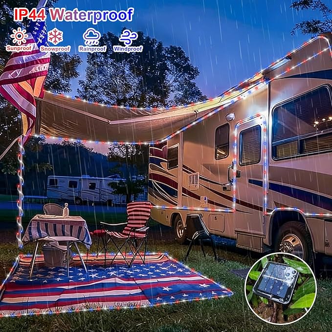 QITONG Red White Blue Solar Rope Lights, 2 Pack Each 33ft 100 LED 4th of July - Image 5