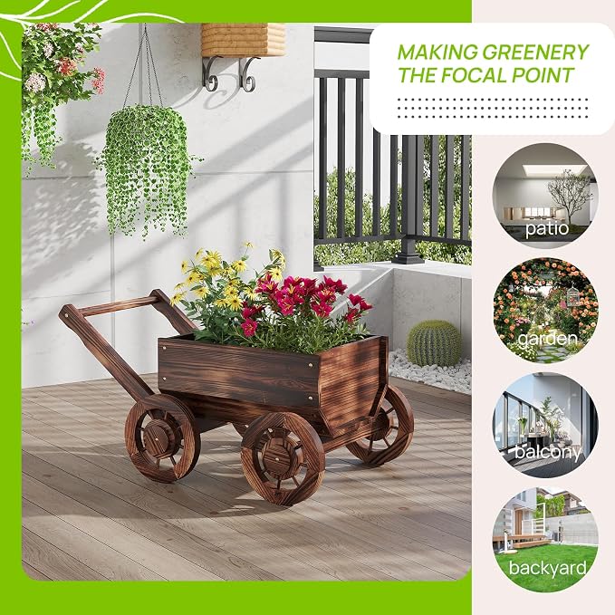 Wooden Flower Cart with Wheels Wooden Wagon Planter Outdoor Garden Planter - Image 2