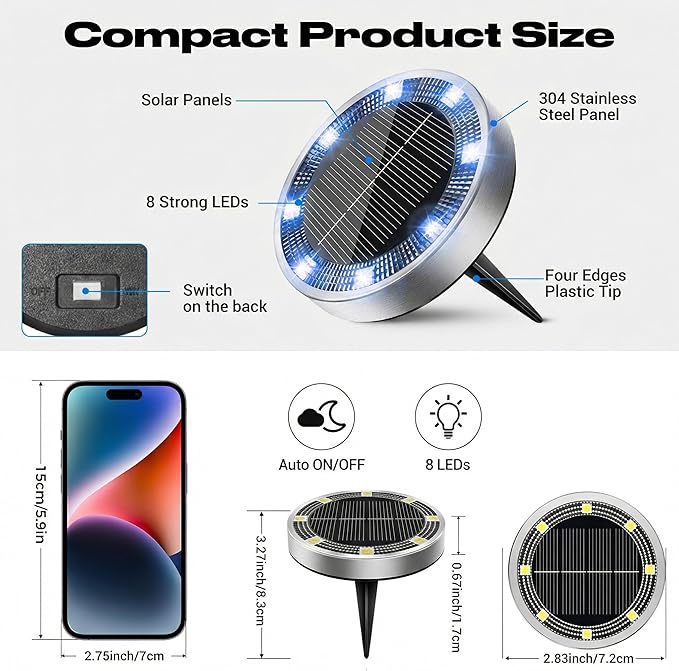 Peasur Mini Solar Ground Lights Outdoor, 8 Pack Flat Solar Powered Disc Lights - Image 5