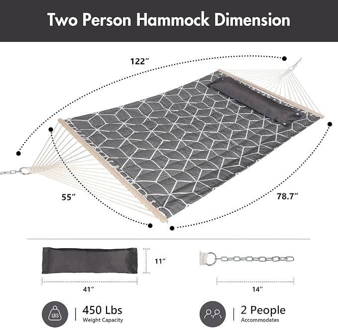 ANOW Outdoor Hammock with Spreader Bars and Detachable Pillow, 2 Person Hammock - Image 6