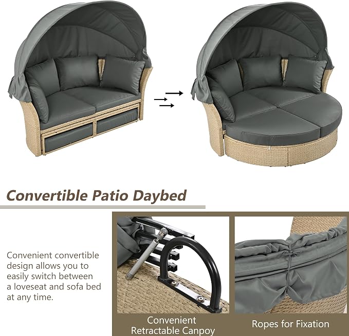 Merax All-Weather Outdoor Round Patio Daybed Conversation Sofa Set Wicker - Image 5