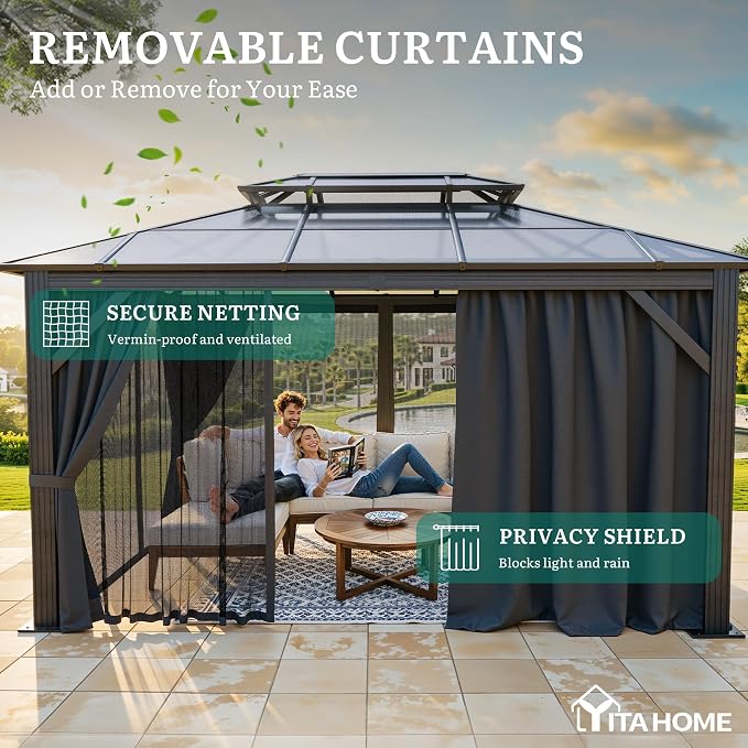YITAHOME 10X12FT Polycarbonate Gazebo Outdoor Patio Double Top Canopy - Image 3