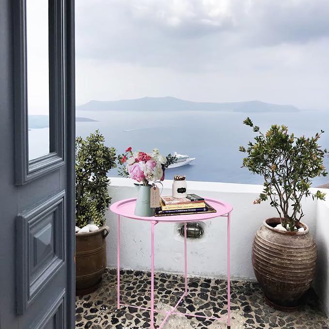 Garden 4 you End Table 2 PCS Metal Side Table Pink Round Folding Tray Cyan Sofa - Image 7