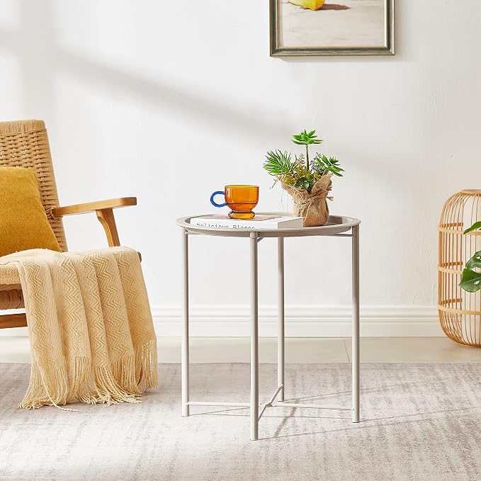 VECELO Side/End Table, Folding Round Metal Anti-Rust and Waterproof Outdoor or - Image 4