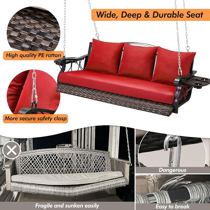 Heavy Duty 900 LBS Porch Swing Chair 3-Person Outdoor Rattan Patio Swing Lounge - Image 2