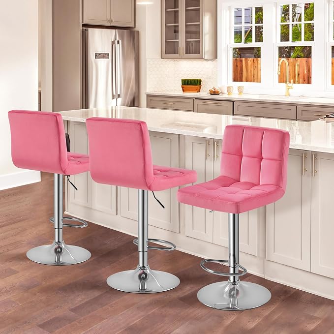 Yaheetech Pink Bar Stools Set of 2, Adjustable Velvet Barstools, Modern Counter - Image 5