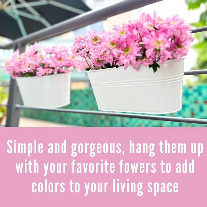 LaLaGreen Rail Planter Outdoor Plants White Metal Iron Hanging Flower Pots Deck - Image 3
