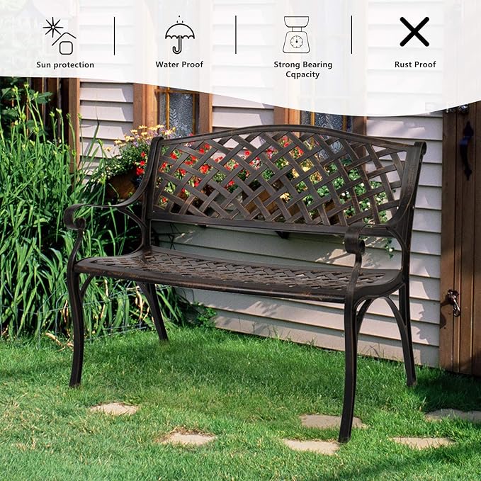 VINGLI 40.5" Patio Garden Bench, Anti- Rust Cast Iron Cast Aluminum Frame - Image 6