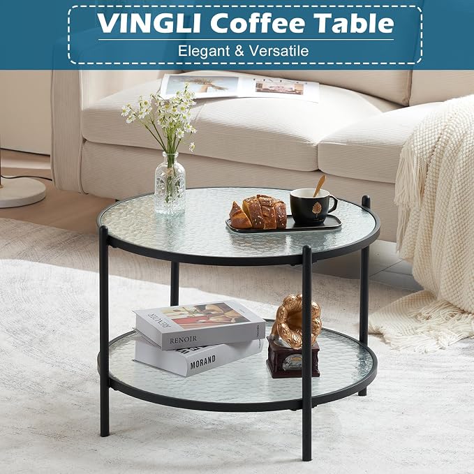 VINGLI 25.6" Small Matte Black Round Coffee Table Water-Wave Glass Circle Clear - Image 3