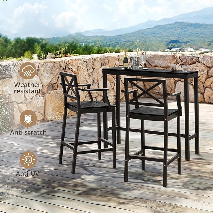 Outdoor Bar Height Table and Chairs Set, 3 Piece Black Top and Bronze Leg Patio - Image 8