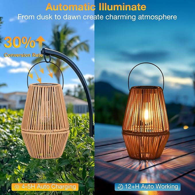 Uspring 2 Pack 3-in-1 Solar Lanterns Outdoor Waterproof Rattan Woven Hanging - Image 4