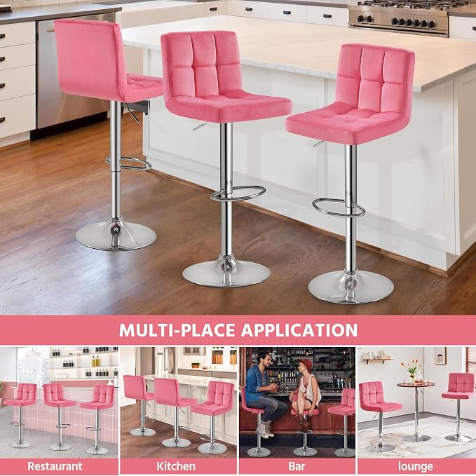 Yaheetech Pink Bar Stools Set of 2, Adjustable Velvet Barstools, Modern Counter - Image 9