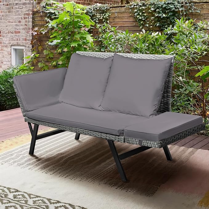 Greesum Outdoor Sofa, Woven Rattan Patio Furniture, Convertible Daybed or - Image 2