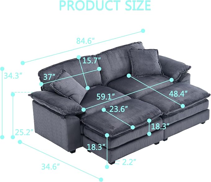 84.6” Corduroy Loveseat with Ottoman, Oversized Double Chaise Lounge Chair - Image 3