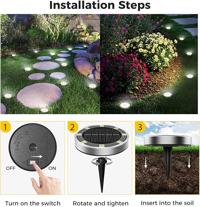 6 Pack Solar Ground Lights Outdoor, 8 LED Mini Flat Solar Disc Lights, IP65 - Image 5