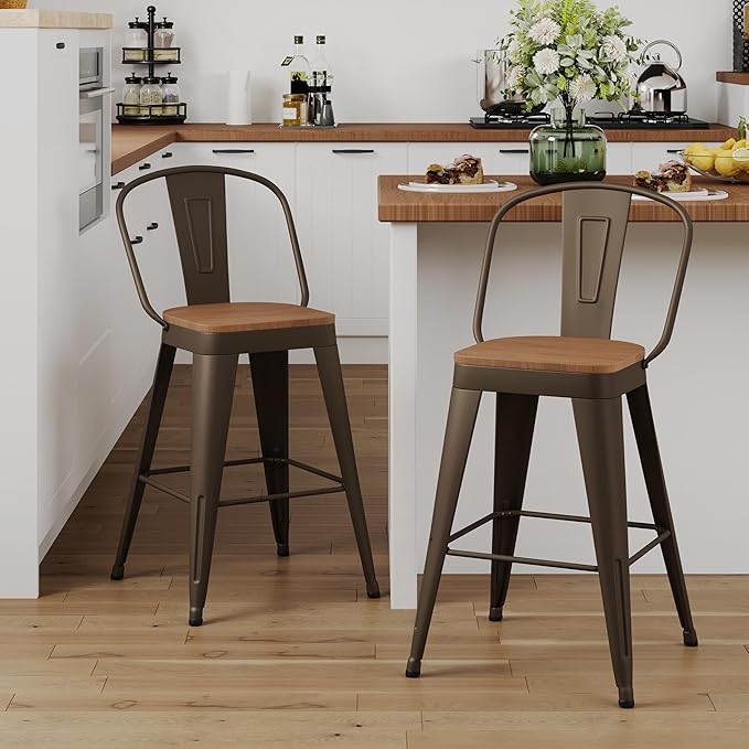 ALISH 26 Inch Industrial Bar Stools Set of 2, High Back Metal Barstools by ALISH