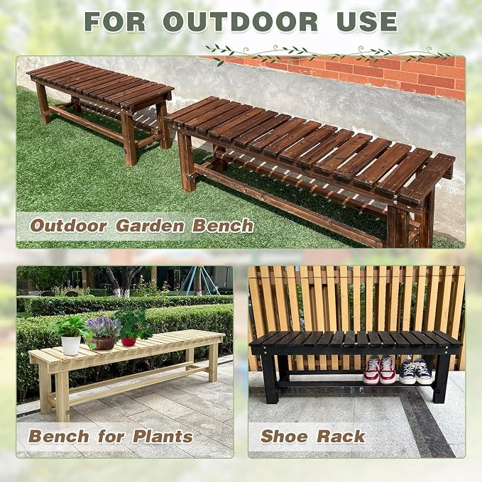 Outdoor Garden Bench, 2-Person Wood Patio Bench Weatherproof Outdoor Backless - Image 6