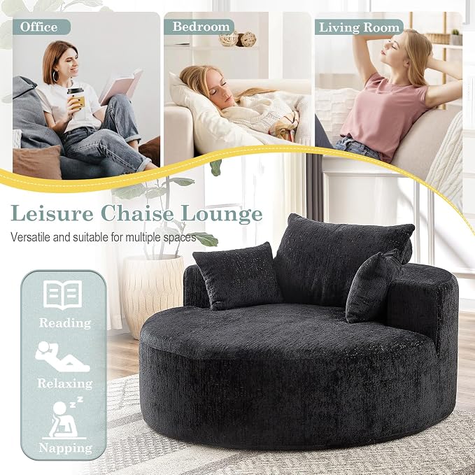 Oversized Round Chaise Longue Chair Indoor, Modern 55-inch Upholstered Chenille - Image 8