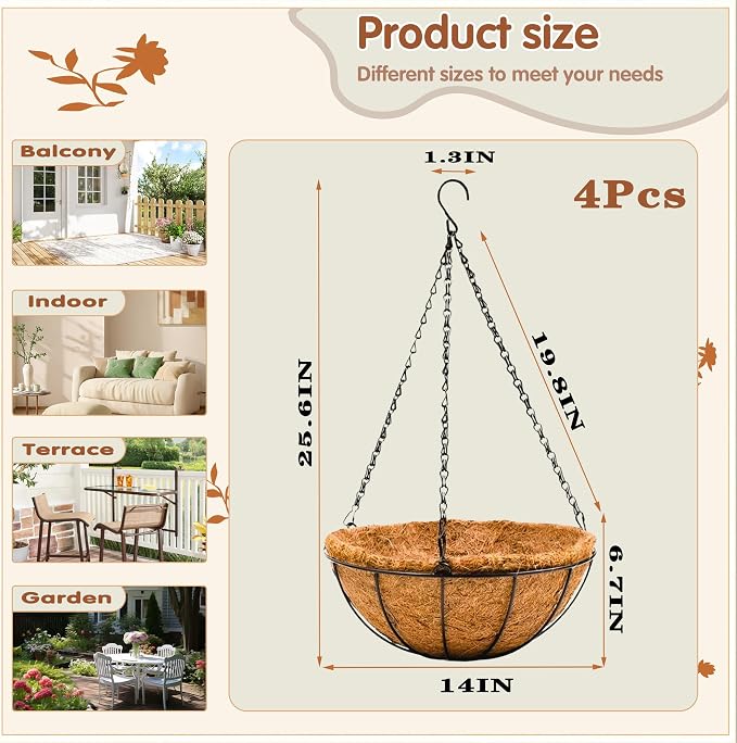 14 inch Metal Hanging Baskets For Plants Outdoor 4 Pack Round Metal Wire - Image 5