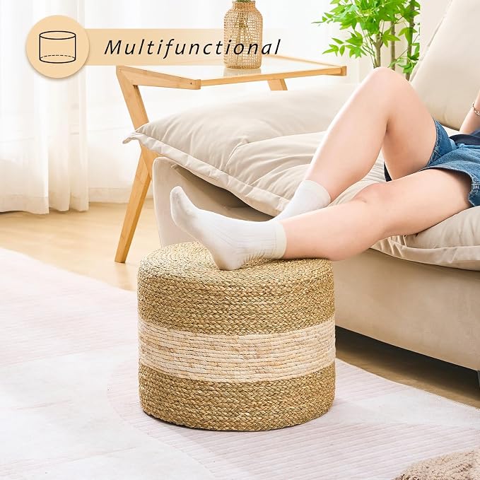 Handwoven Seagrass Ottoman Pouf, Round Outdoor Footstool - Image 5