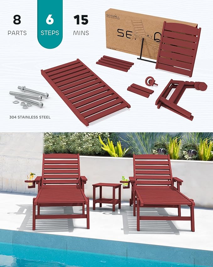 SERWALL Patio Chaise Lounge Chair Set of 4, 5 Positions Adjustable Poly Outdoor - Image 5