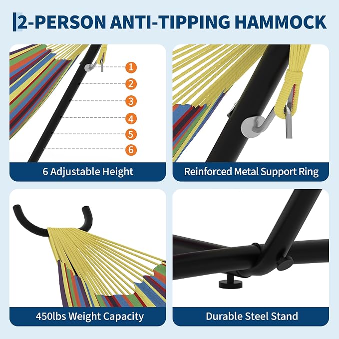 Double Hammocks with Stand for Outside, Portable Space Saving Heavy-Duty Steel - Image 4