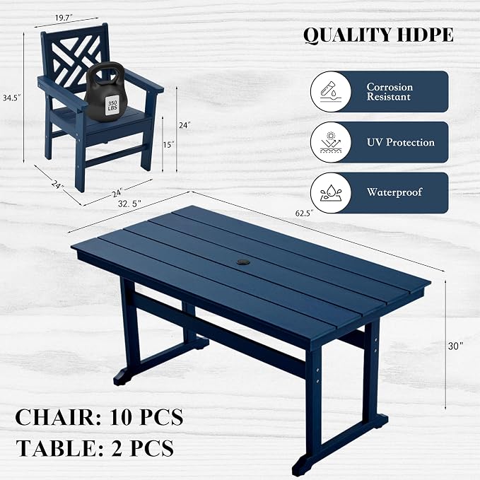 HDPE Dining Table Set for 10, 12-Piece Outdoor Table and Chairs Include 10 - Image 2