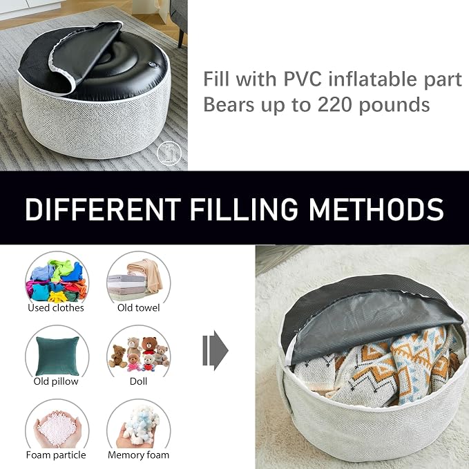 Inflatable Pouf Ottoman, 21x10 Inches Stuffed Chenille Ottoman - Image 3