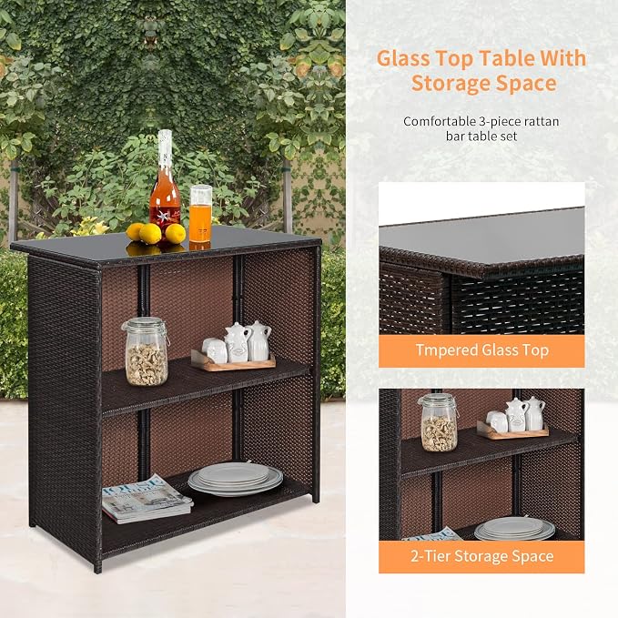 Wicker Patio Furniture 3 Piece Patio Bar Table Set Chairs Wicker Outdoor Rattan - Image 4
