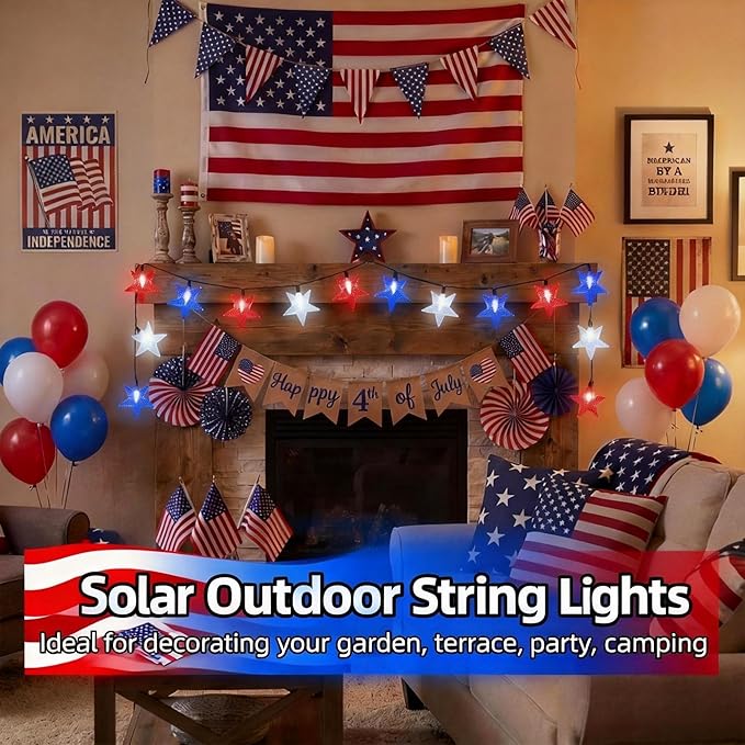 4th of July Twinkle Solar Star String Lights Decorations Outdoor Waterproof - Image 2