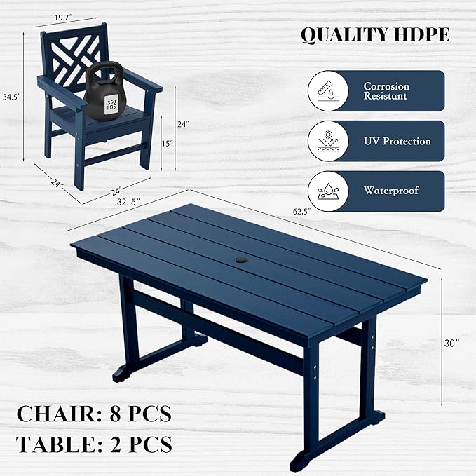 HDPE Dining Table Set for 8, 10-Piece Outdoor Table and Chairs Include 8 Dining - Image 2