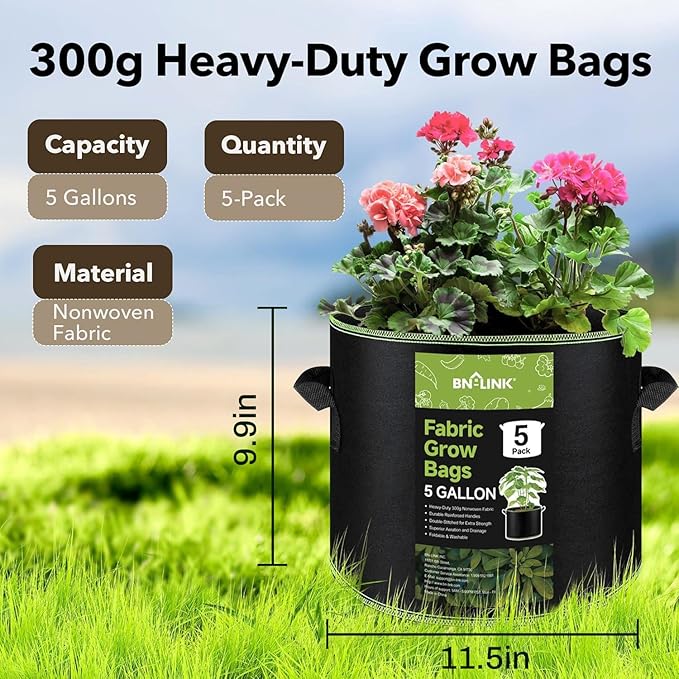 BN-LINK 5-Pack 5 Gallon Grow Bags, Heavy Duty Aeration Fabric Pots - Image 7