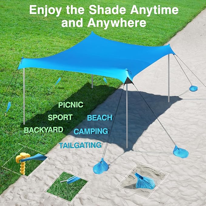 Rhino Valley Beach Tent Shade Canopy UPF50+ Protection, 8 Sandbags, 4 Stability - Image 6