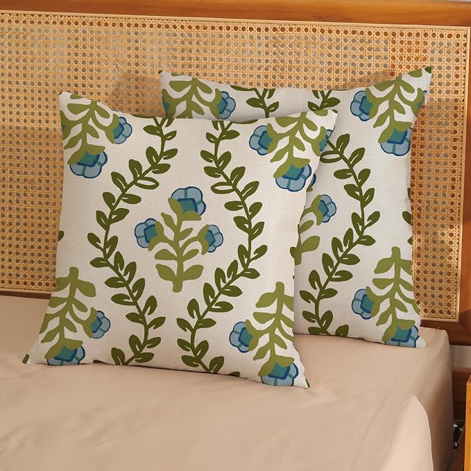 Sage Green Boho Pillow Covers 20x20 Inch 2 Pcs Blue Green Floral Leaves Decor - Image 2