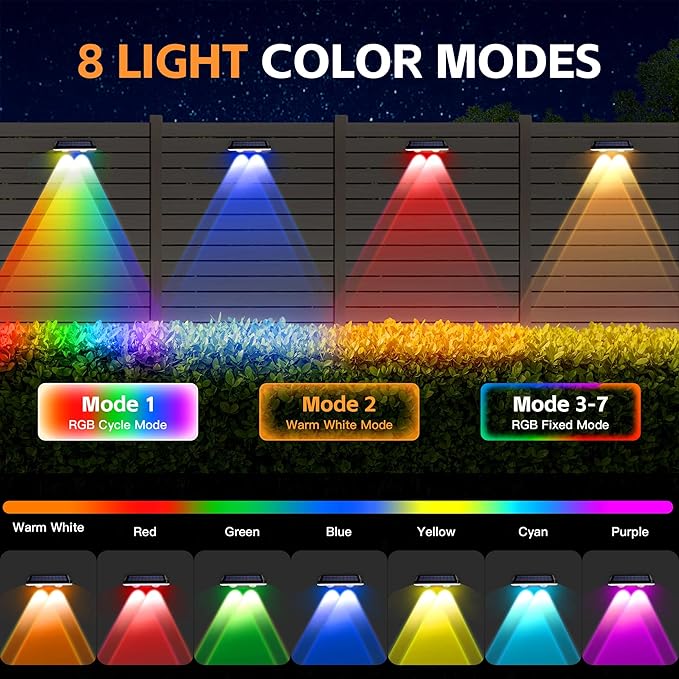 Solar Fence Lights Outdoor, Waterproof LED, RGB Color Mode 6 Solid Monochrome - Image 4