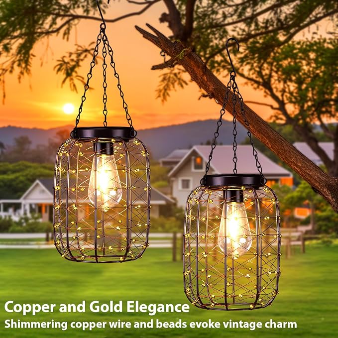 Hanging Solar Lanterns Outdoor Waterproof, Vintage Copper Hanging Lantern Lights - Image 2